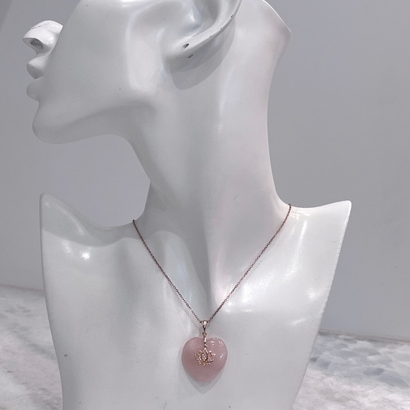 Galilea Rose Quartz White Zircon 14K RG Sterling Silver Lotus On Heart Necklace - Picture 5 of 10